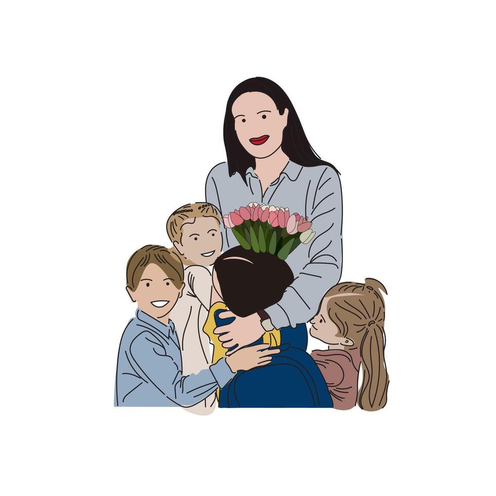 The teacher holding flowers is hugging her students in a happy moment. vector