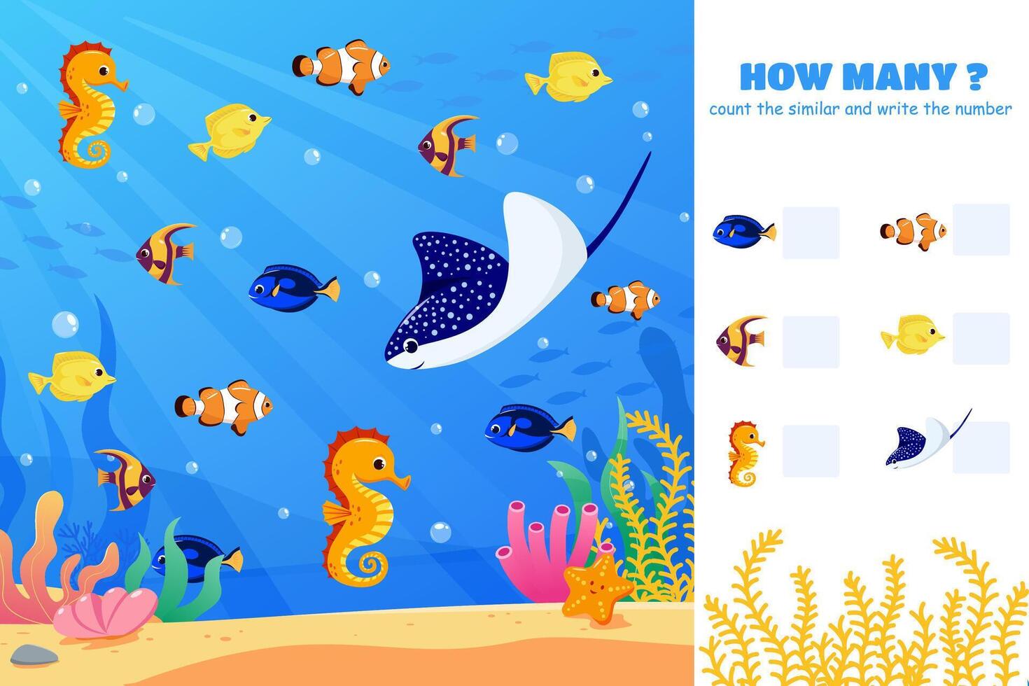 How many game. Counting game with different sea creatures. Cute counting game with illustrations vector