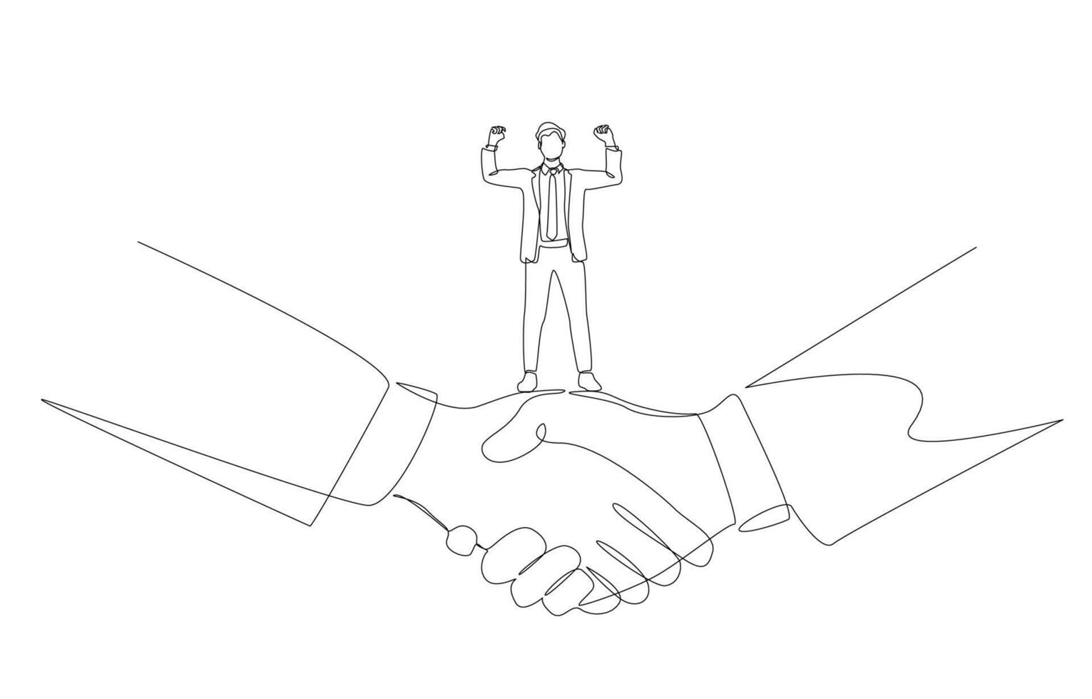 Continuous one line drawing of delighted businessman standing on handshake of two big businessman, mediator in business negotiation concept, single line art. vector