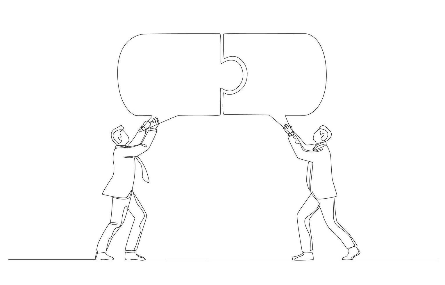 Continuous one line drawing of two businessmen connect speech bubble jigsaw, successful business communication, compatibility of ideas in work concept, single line art. vector