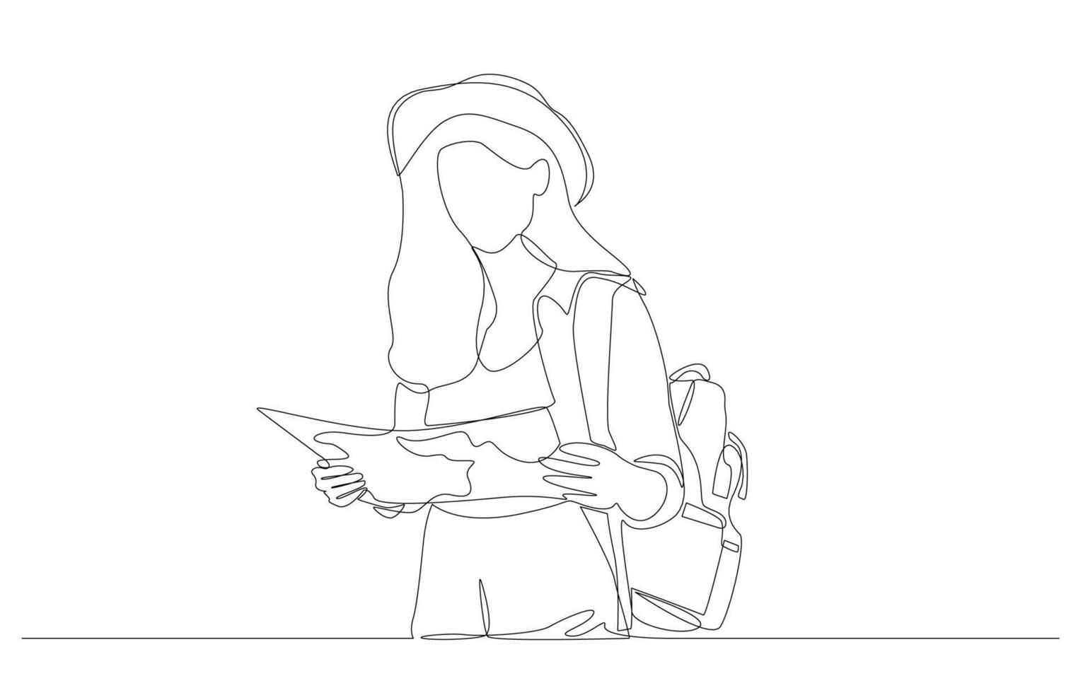 Continuous one line drawing of female tourist backpacker reading map, self-guided tour concept, single line art. vector