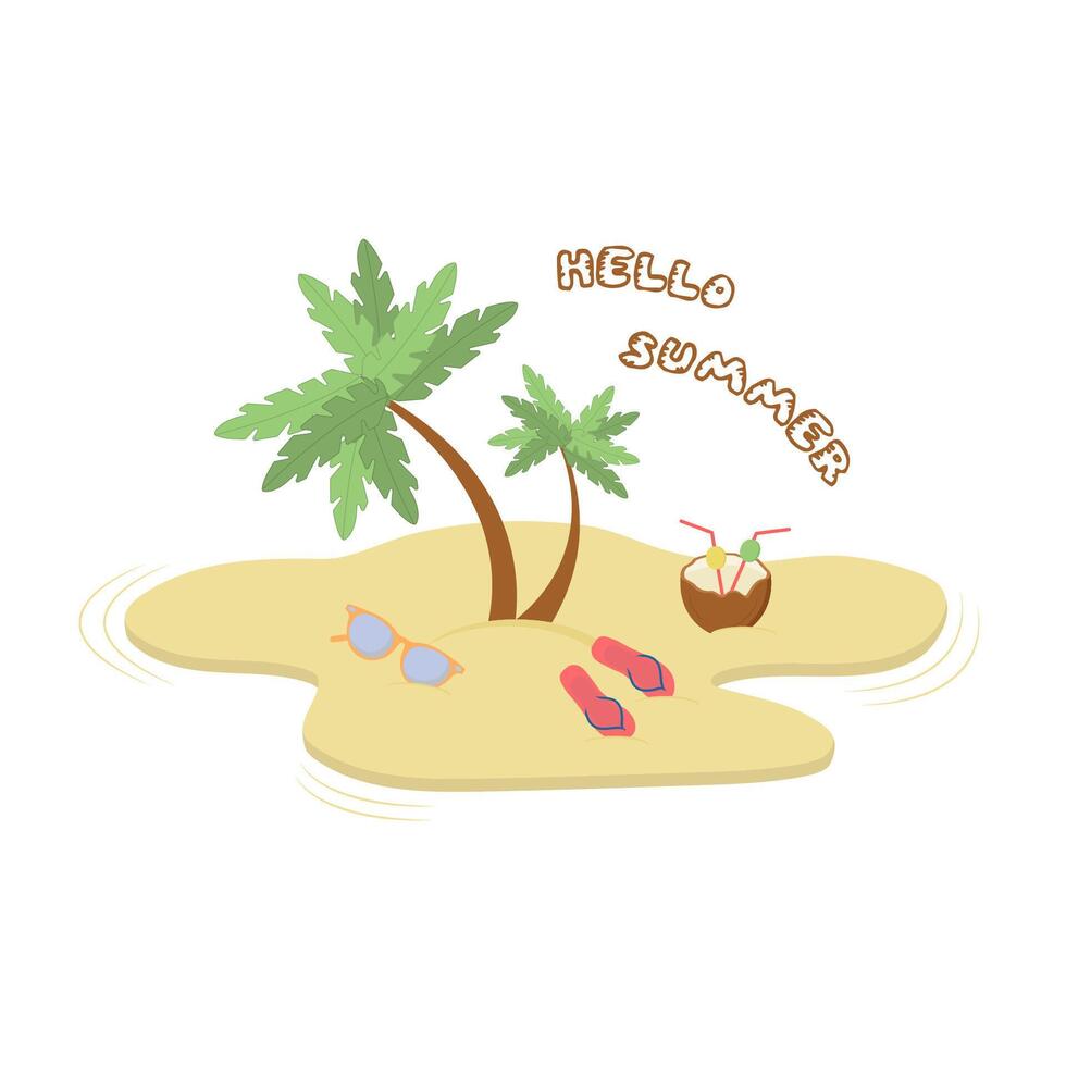 ilustración para viaje y verano playa vacaciones. palma árbol, chancletas, Gafas de sol, Coco vector