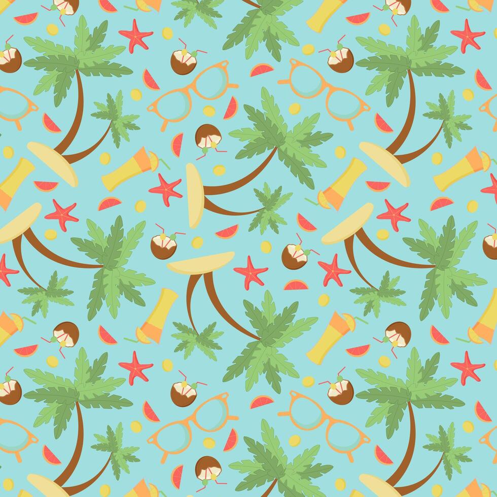 Summer seamless pattern with palm trees, glasses, cocktails, starfish vector