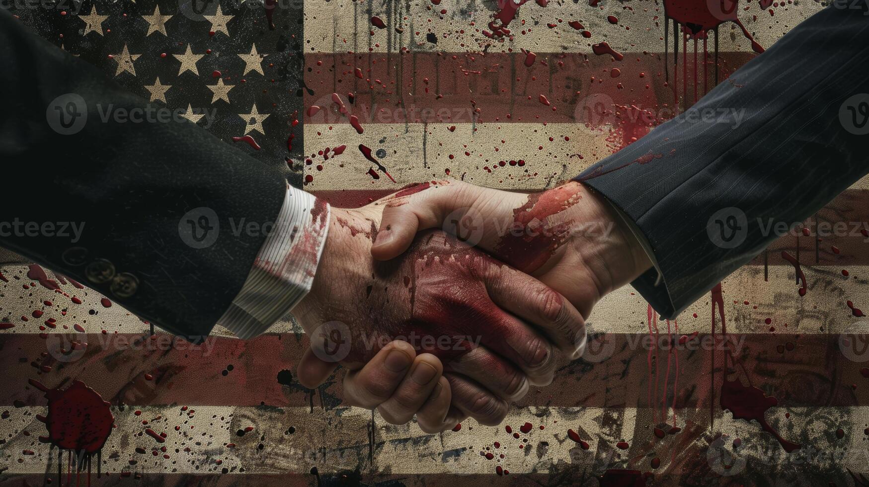Two people shaking hands in front of american flag photo
