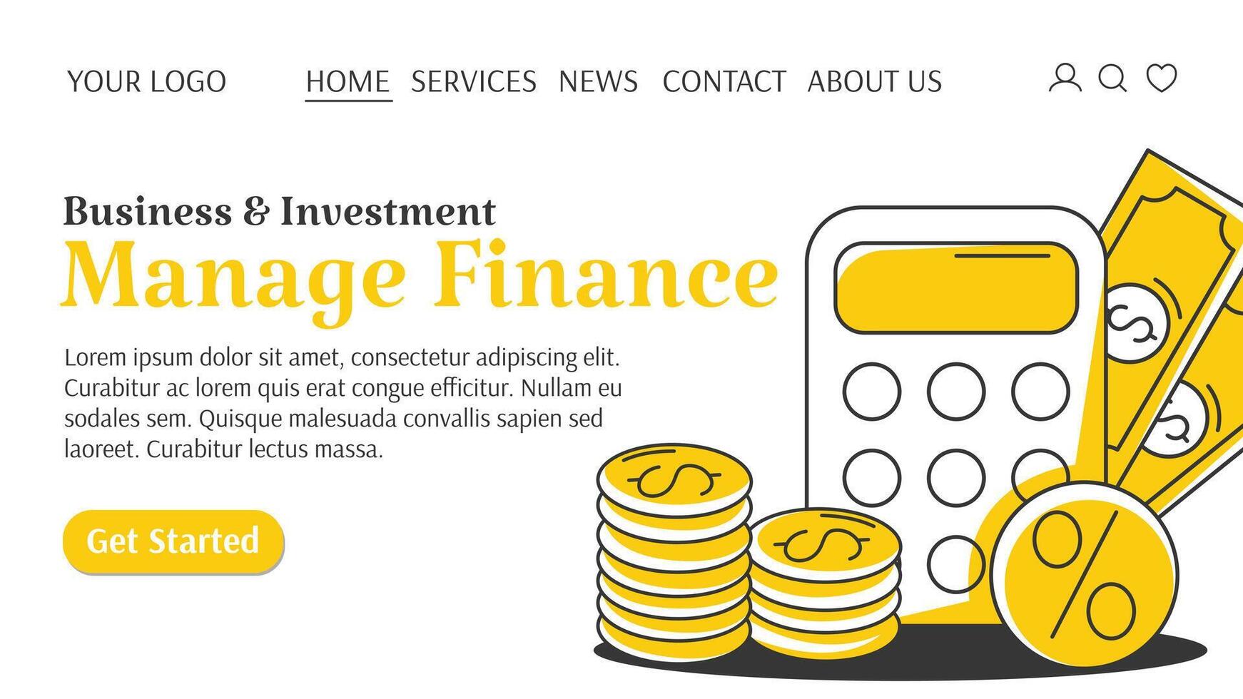 calculadora con por ciento firmar, apilar de monedas y dinero en efectivo. gestionar Finanzas creativo concepto. negocio y inversión modelo para sitio web. para bandera, aterrizaje página. plano estilo vector