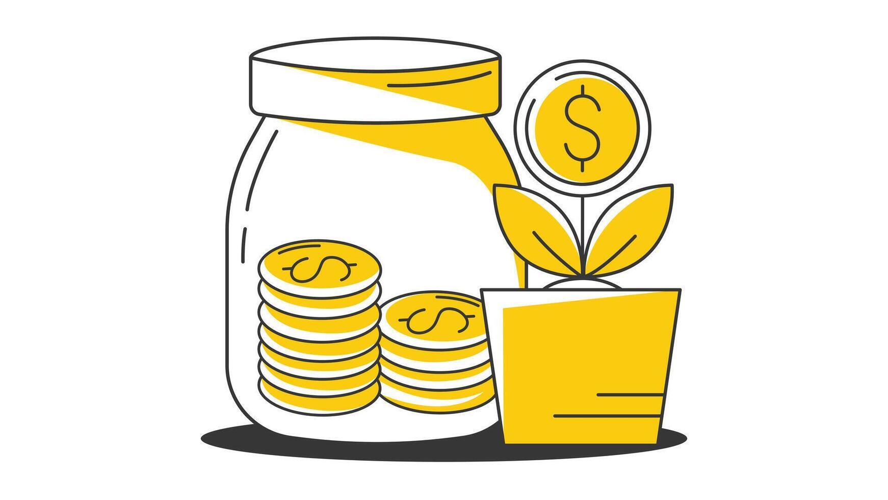 Savings jar with stacks of coins and growing money tree. Saving money creative concept. Business and finance, budget planning, flat style. For poster, sticker, icon, advertisement vector