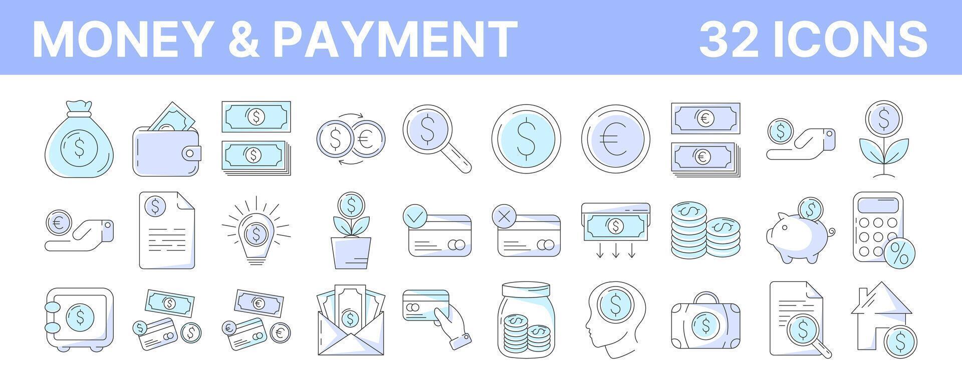 Money and payment methods, outline icon set. Editable stroke and color. Business and finance collection with cash, coin, banking, credit card, exchange, saving, transaction symbol. vector