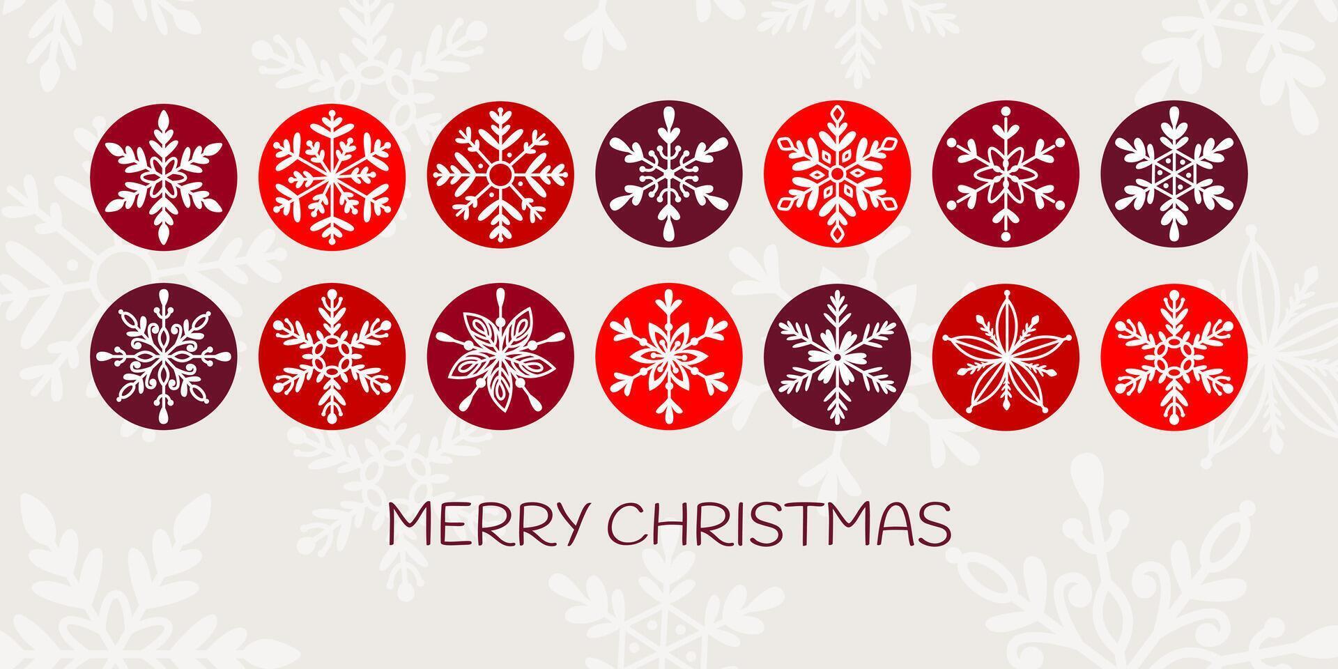 Merry Christmas abstract design with snowflakes in round frames. Xmas, celebration concept. For poster, greeting card, flyer, social media. vector