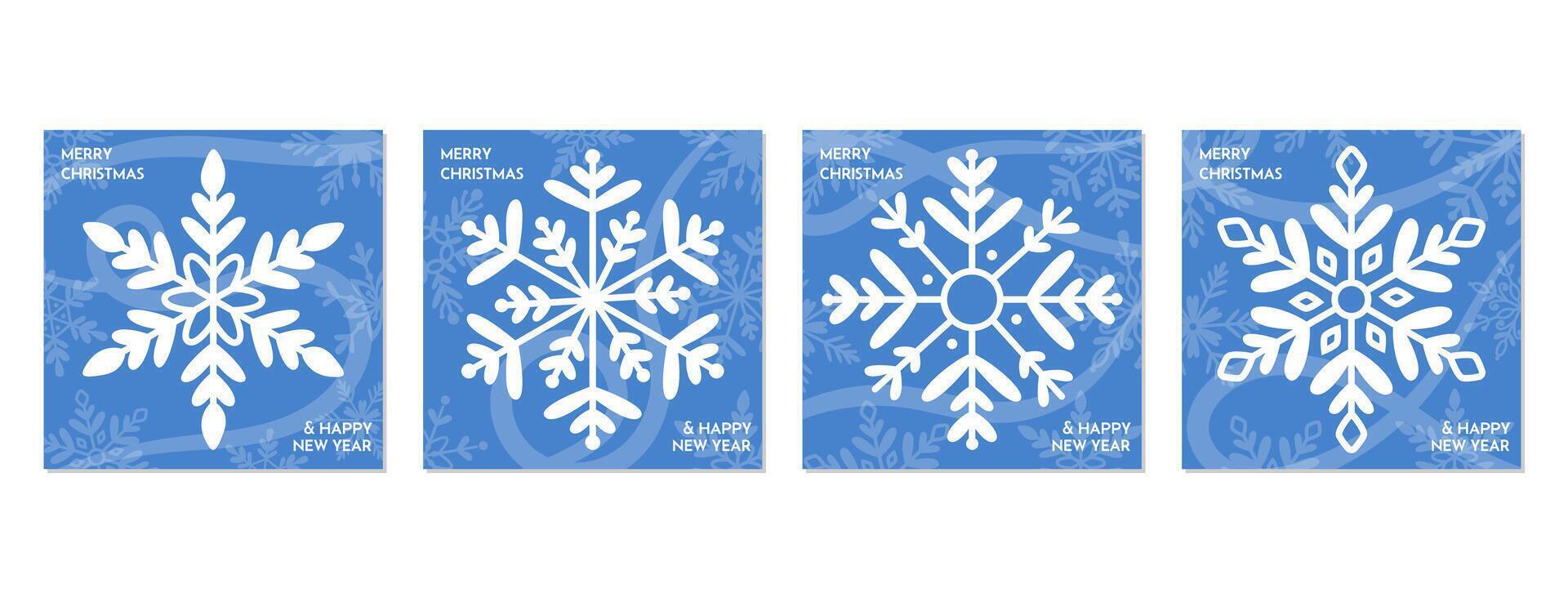 Set of Merry Christmas and Happy New Year festive blue square design with snowflake and greeting text. Xmas, celebration concept. For poster, banner, flyer, social media. vector