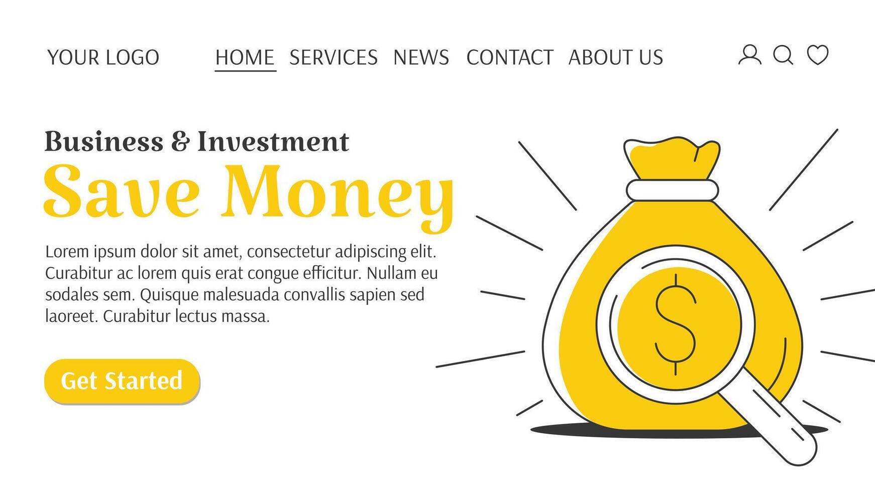 Money bag with cash and magnifying glass. Saving money creative concept. Business and finance template for website. For banner, landing page. flat style vector