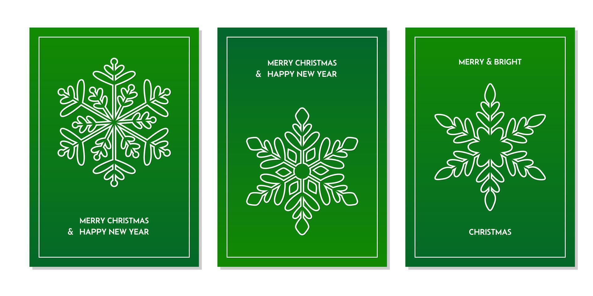 Merry Christmas and Happy New Year festive green minimalist posters set with snowflake and greeting text. Xmas, celebration concept. For poster, banner, flyer. vector
