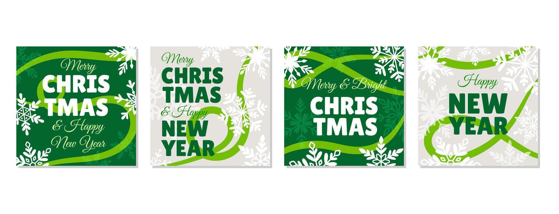 Set of Merry Christmas and Happy New Year festive bright square posters with snowflakes and greeting text. Xmas, celebration concept. For banner, flyer, social media. vector