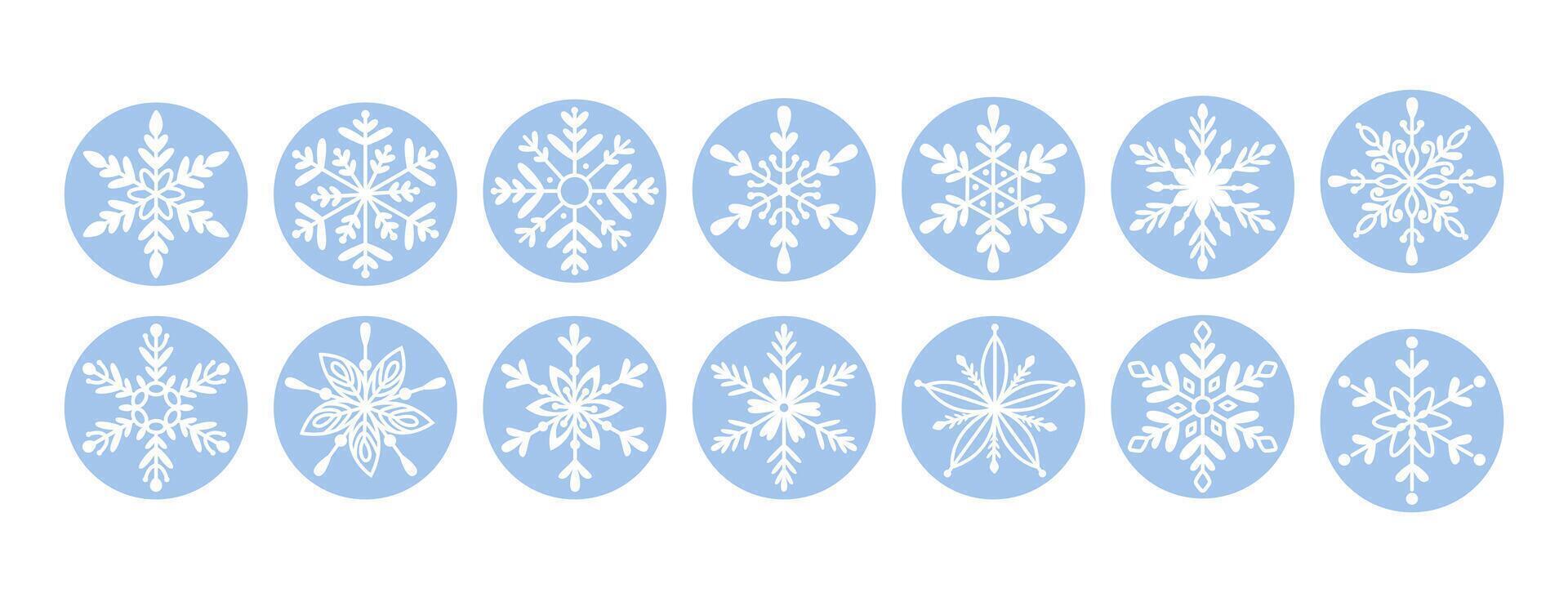 Set of snowflakes icons in round frame on isolated background. Winter celebration concept. For sticker, social media vector