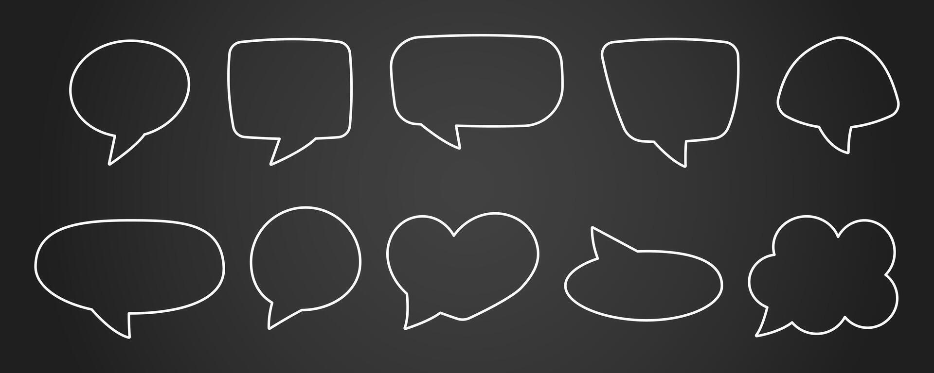 Set of speech bubbles, chatting box for text, message box stroke, empty talk bubble, white outline, isolated background. Hand drawn doodle style of thinking sign symbol. vector