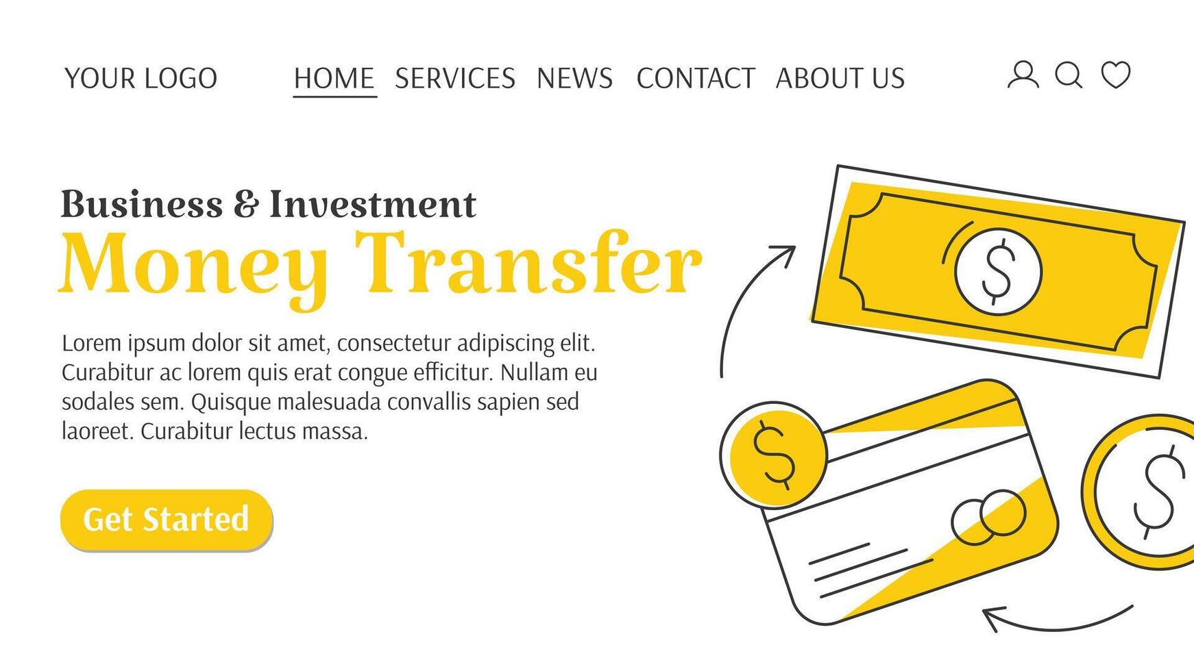 Business and finance template for website. Cash, payment card, coin, money transfer, banking transaction service concept. For banner, landing page. flat style vector
