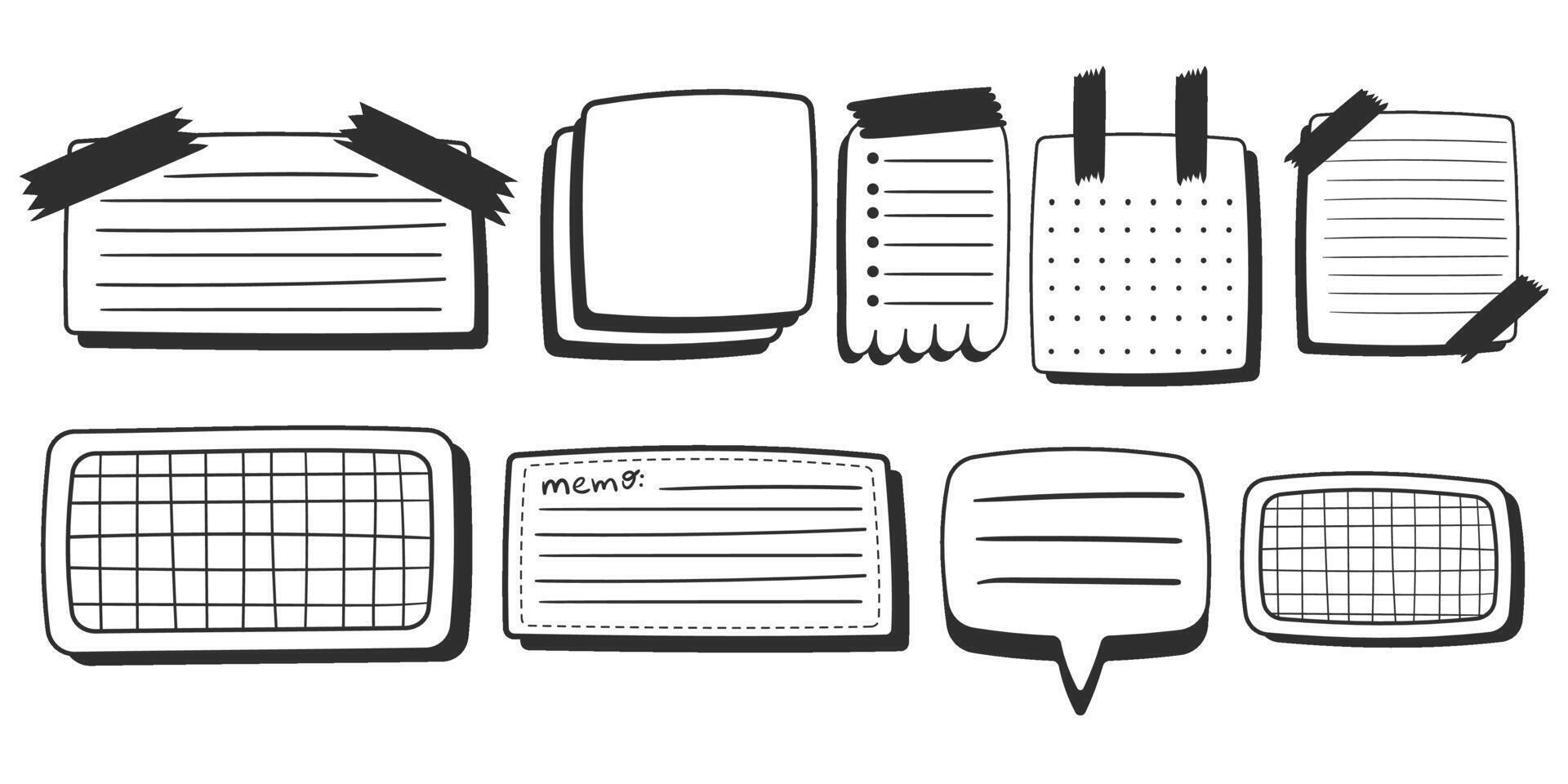 Paper sheets sticker collection in comics style, doodle black and white memo stickers. Creative journaling and note-taking illustration. Hand drawn elements set. vector