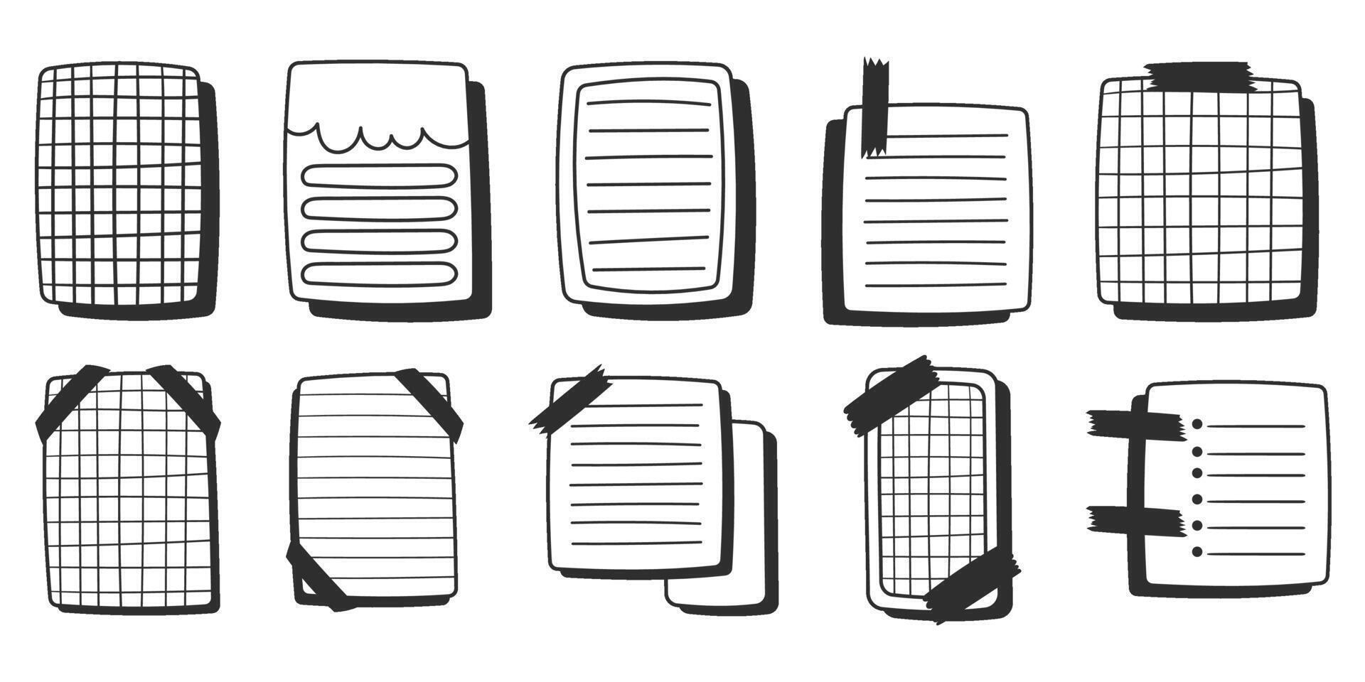 Paper sheets sticker collection in comics style, doodle black and white memo stickers. Creative journaling and note-taking illustration. Hand drawn elements set. vector