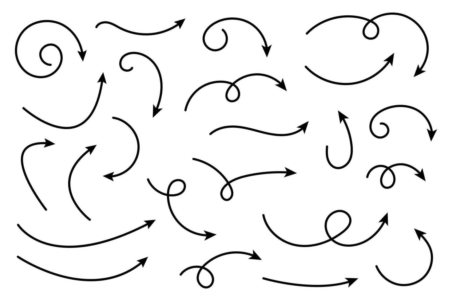 Collection of line arrows. Set simple curved hand drawn arrows. Collection of pointers. vector