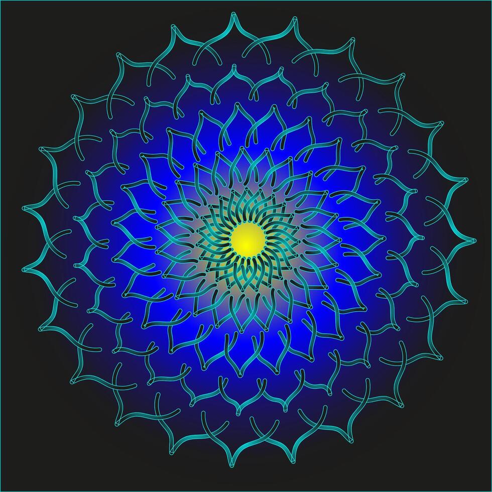 Round abstract pattern in the form of a yellow and blue mandala on a black background vector