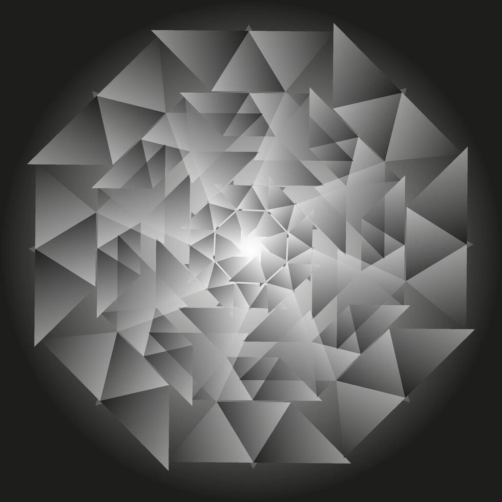 Abstract round geometric pattern in the form of triangles arranged in a circle on a gray background vector