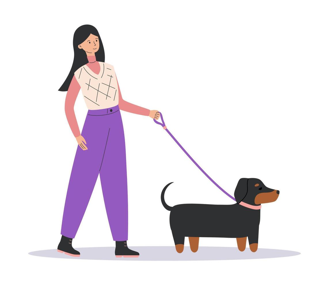 joven mujer caminando con linda perro. contento mascota propietario con perro tejonero. perro entrenador o perro caminante. lado vista. plano ilustración aislado en blanco antecedentes vector