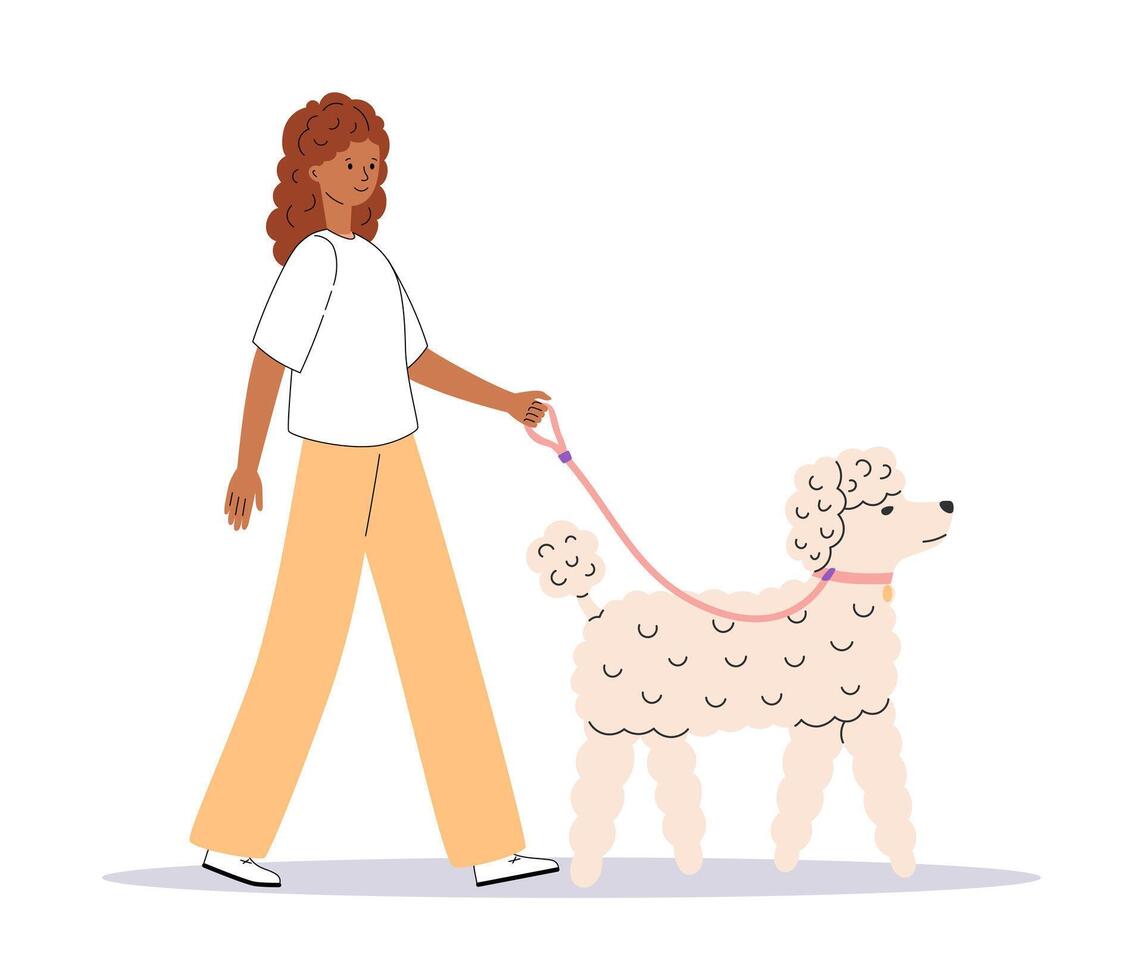 joven mujer caminando con linda perro. contento mascota propietario con caniche. perro entrenador o perro caminante. lado vista. plano ilustración aislado en blanco antecedentes vector