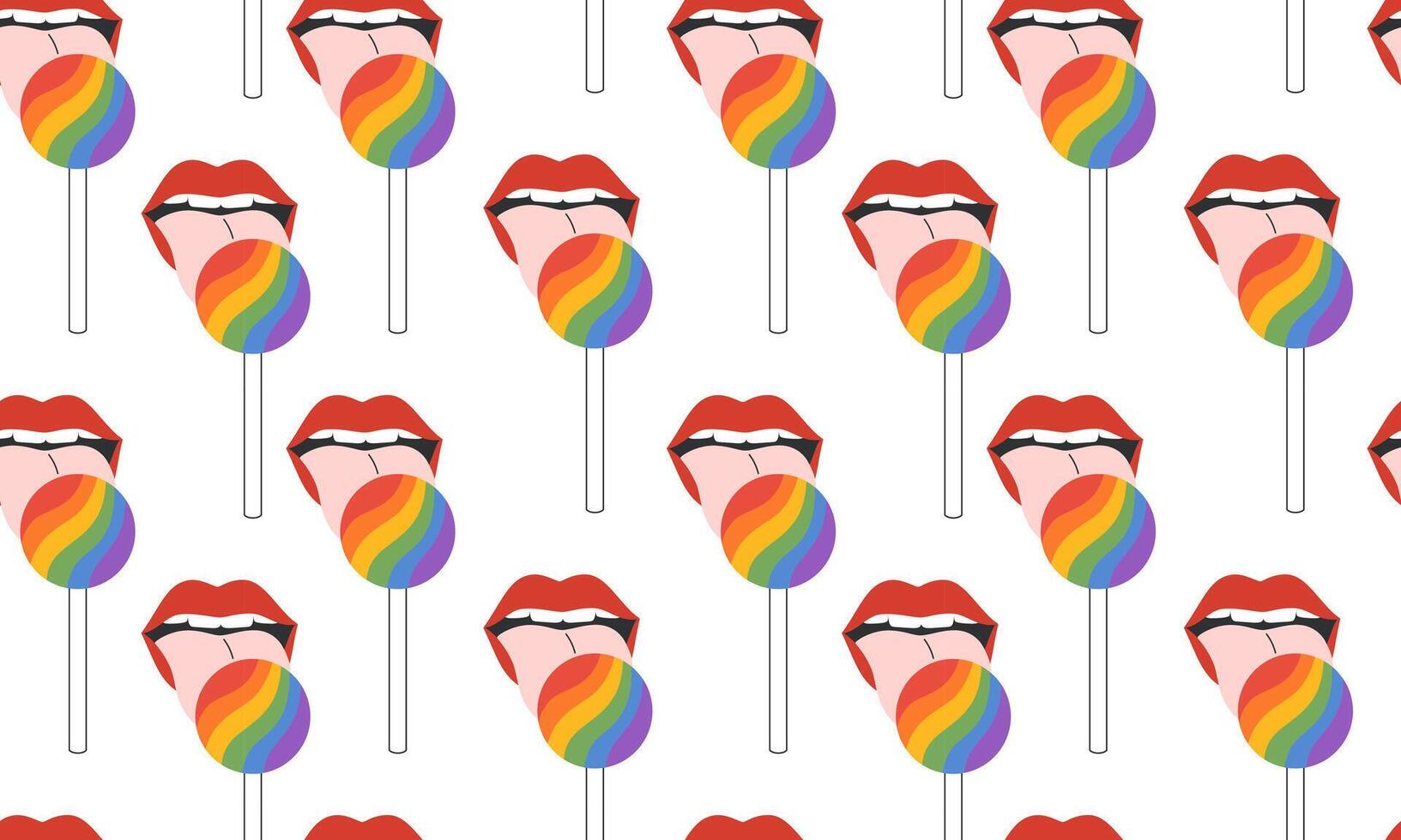 sin costura modelo con lgbt arco iris chupete. labios en rojo lápiz labial y boca con dientes y lengua. símbolo de lgbtq orgullo comunidad. lgbt orgullo mes. ilustración vector