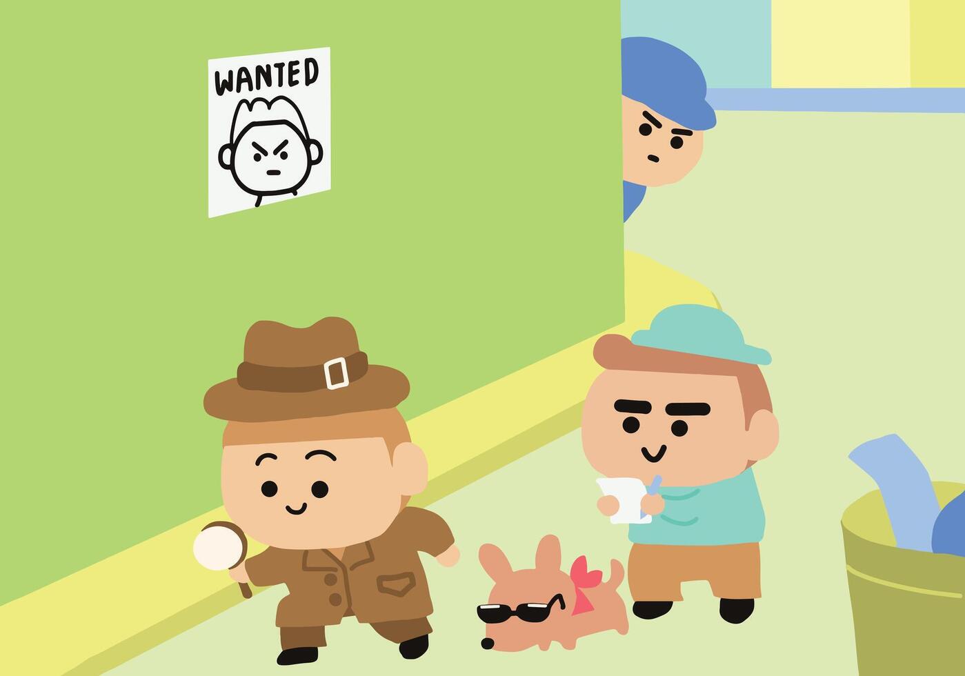 Detective and friends are looking for the culprit. vector