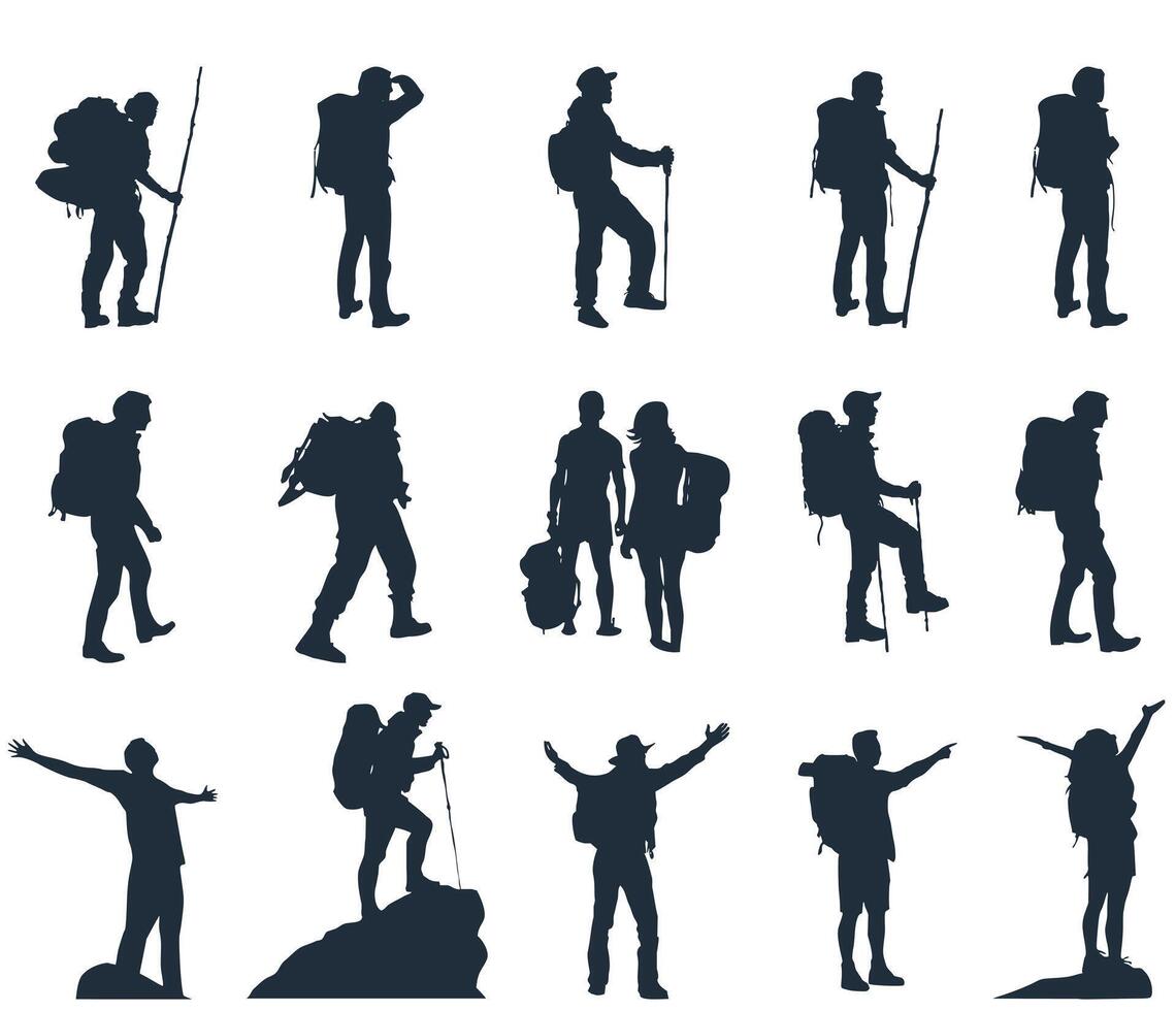 Set of silhouettes of tourists and adventurers vector