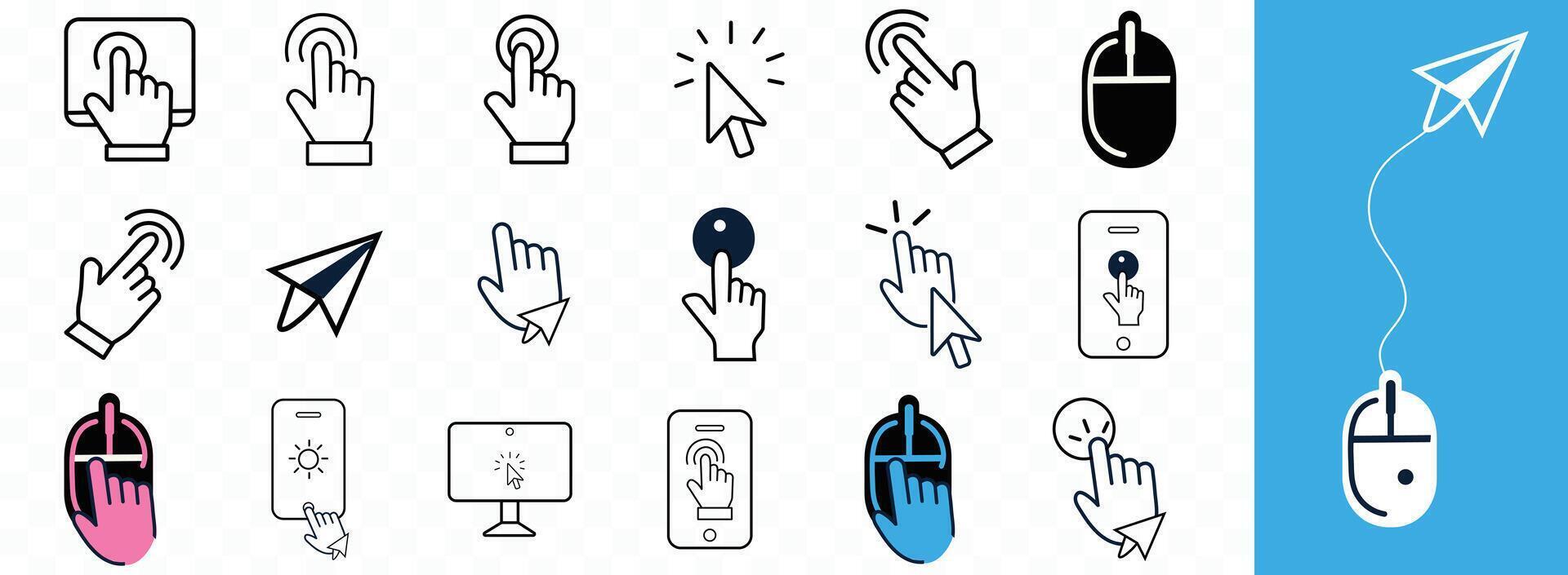 Hand click icon set in line style with clean line art, Click here, Hand clicking, finger, Touch screen, pointer, cursor, gesture, mouse press push simple, vector