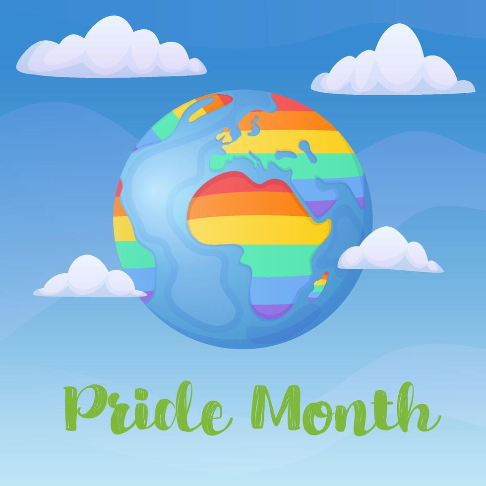 orgullo polillas póster con dibujos animados arco iris color tierra en un nube. lgbtq comunidad bandera. vector
