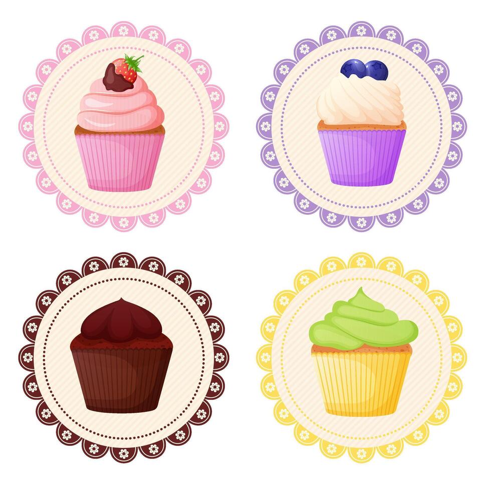 Cartoon label with cupcakes. Sweet bakery, shop badge with muffin vector