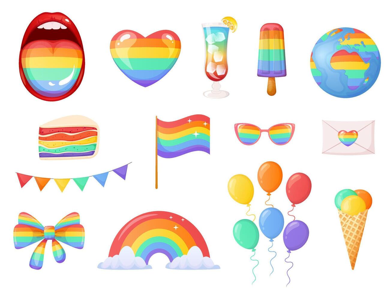 Pride month cartoon rainbow elements set isolated on white vector