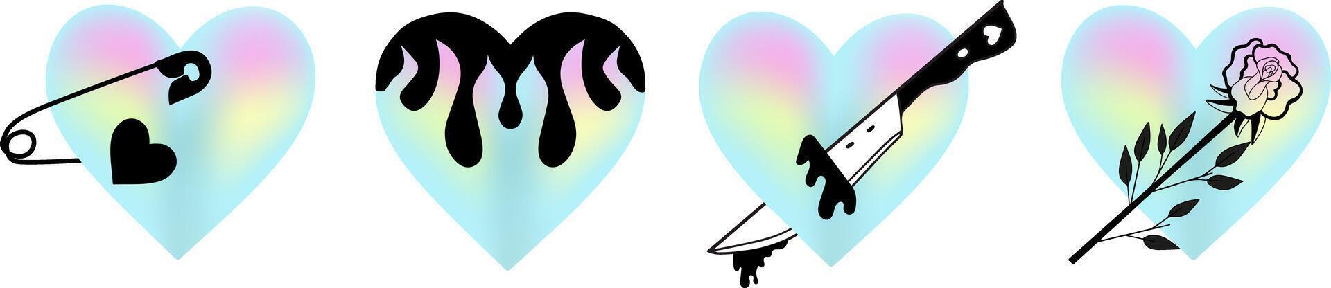 Holographic hearts set. y2k rave foil collection of trendy EMO goth stickers. illustration vector