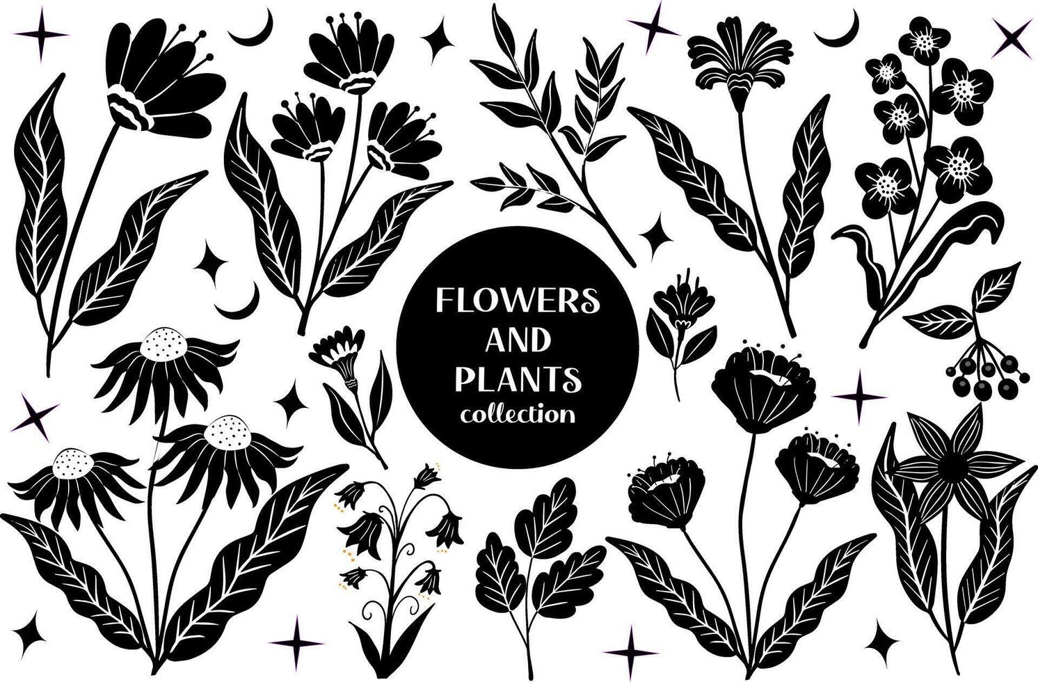 Set of black abstract flowers and leaves.botanical linocut plant and organic elements, herbs print. illustration vector