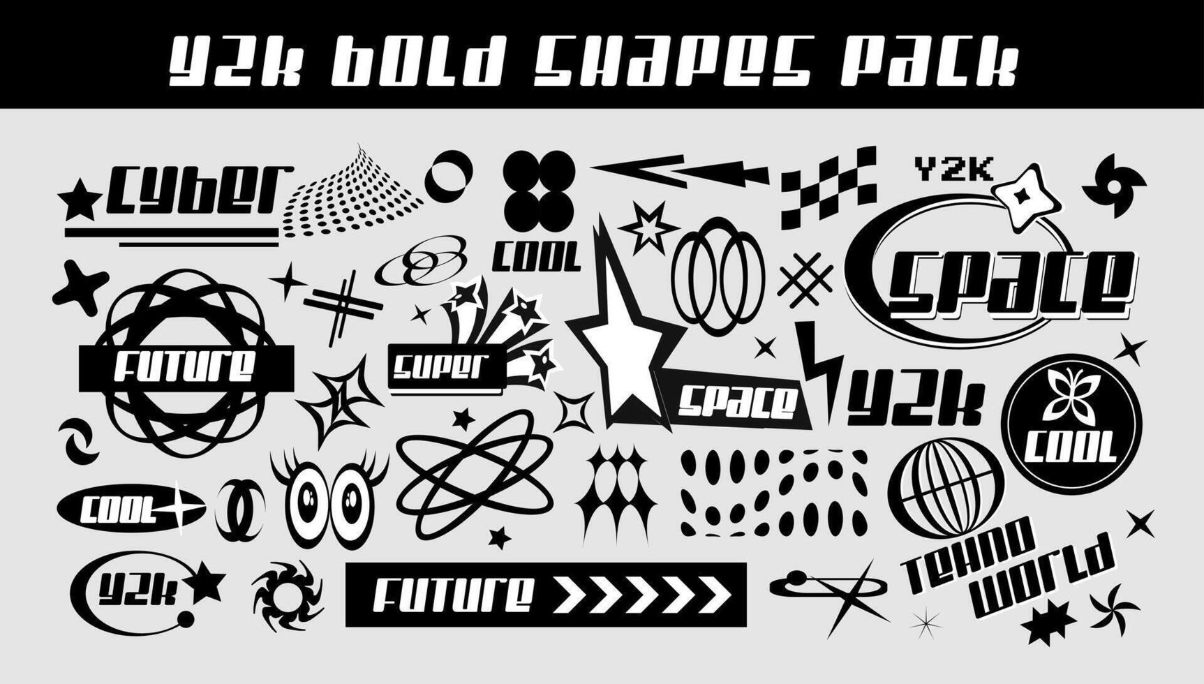 Y2K Elements Set. Y2k icon. Retro Futurist modern shapes for Posters Template, flyers, clothes, social media, graphic design, sticker. Futuristic, Anti-design, techno, future. illustration vector