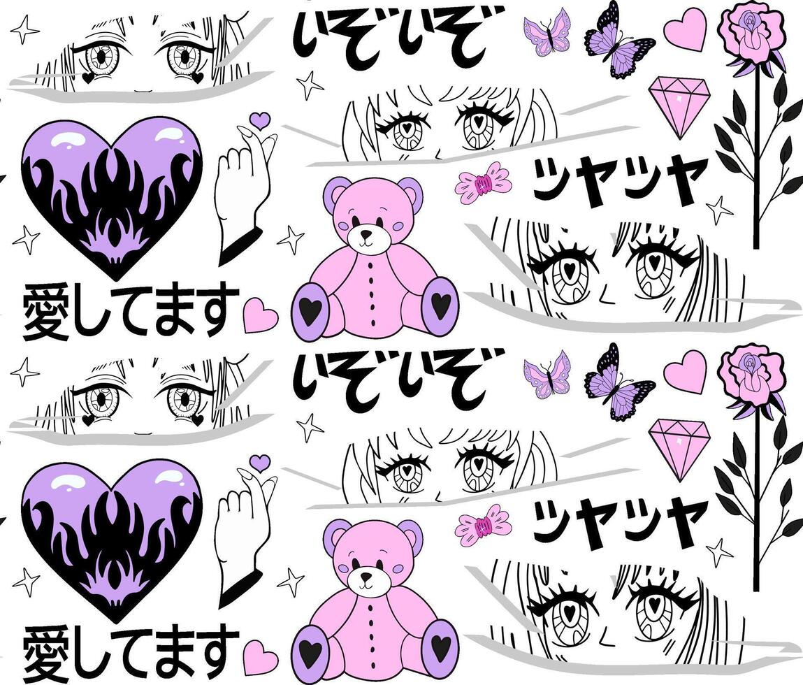 y2k pink girly pattern. anime girls, ram head, heart manga retro Y2K kawaii style. Translation. Assorted Japanese Onomatopoeia,I love you. vector