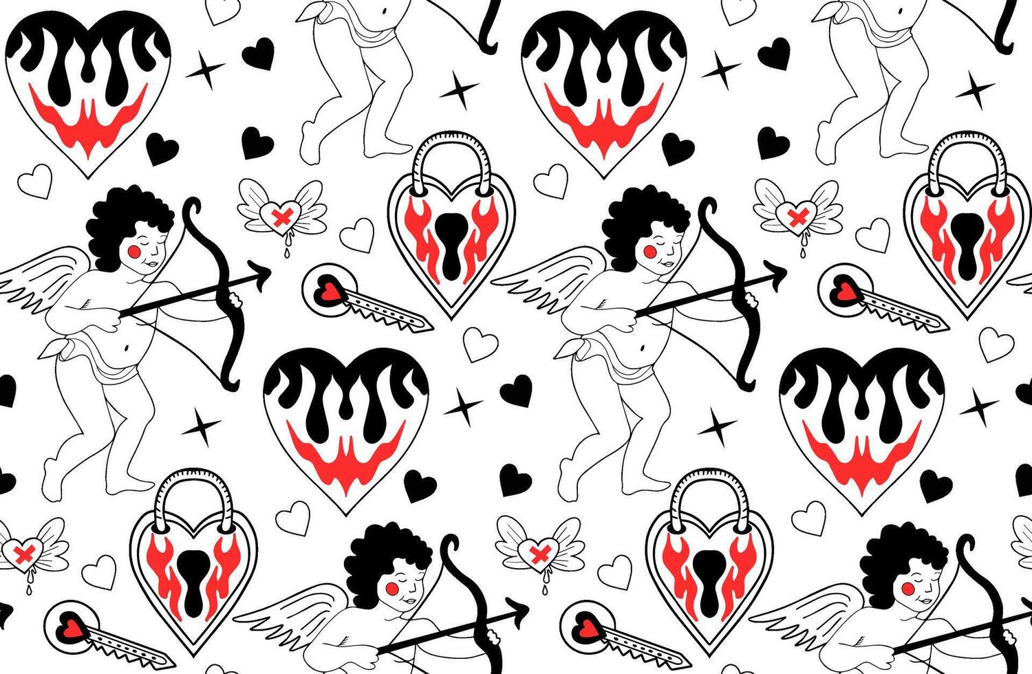 Valentine's Day pattern. Love modern print hand drawing with burning heart, flower, rose.Y2k 2000s cute emo goth aesthetic . illustration vector