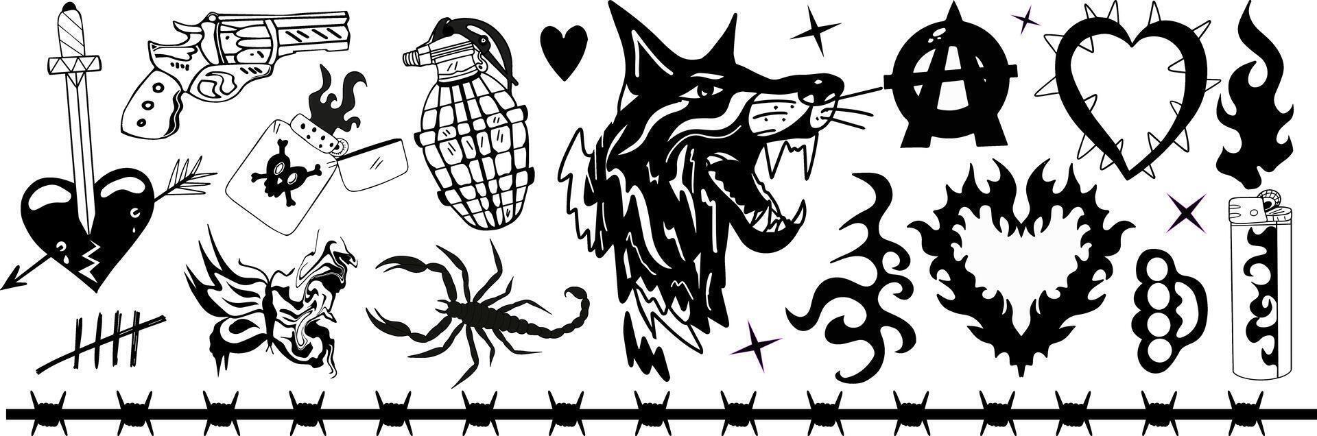 Y2k 2000s punk grunge set elements tattoo.Gangster, Doberman, anarchy. Old school tatto. illustration vector