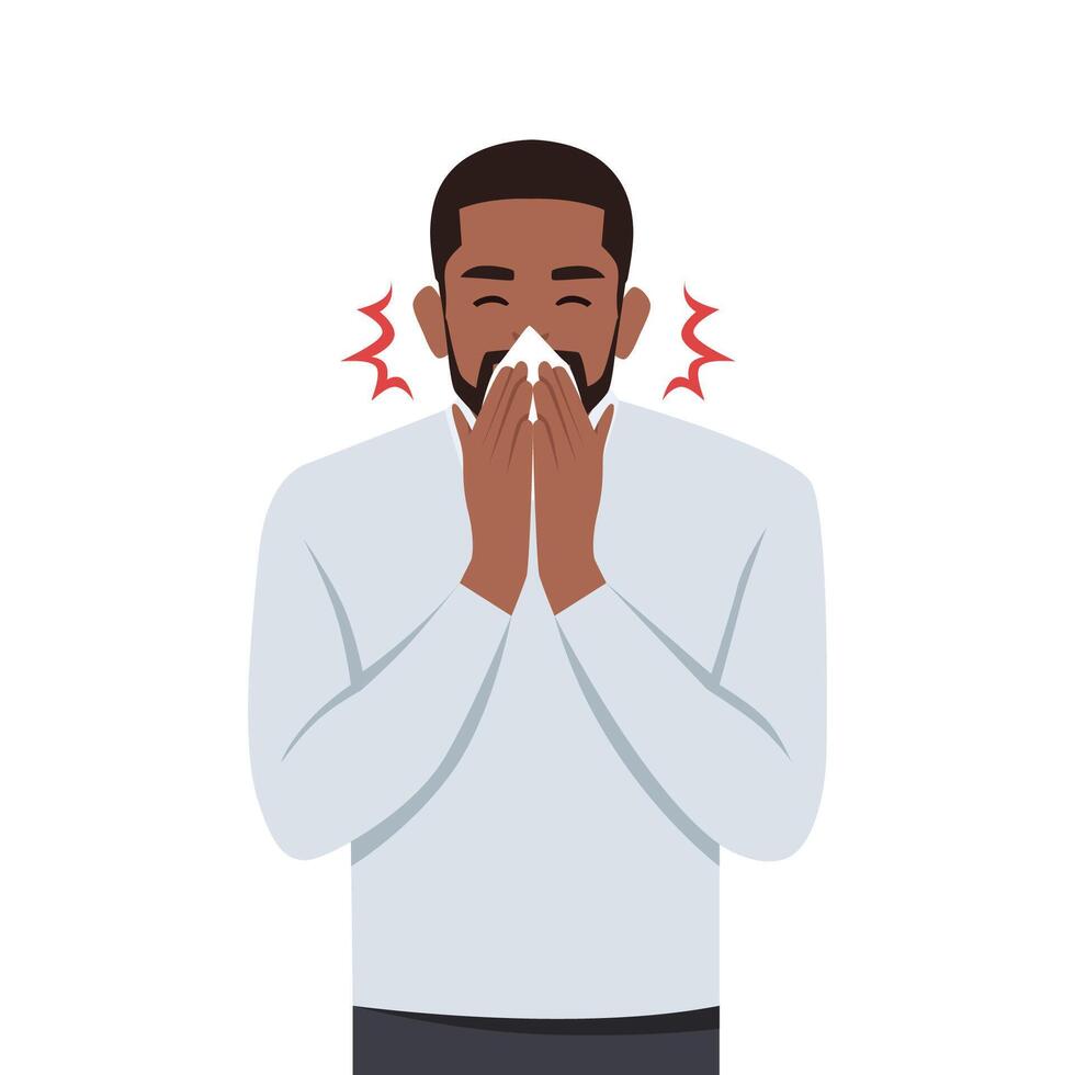 Young man sneezing in handkerchief. vector