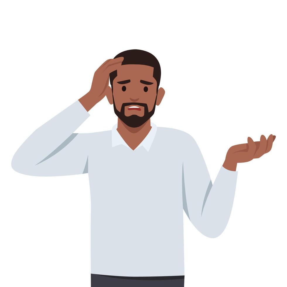 Frustrated stressed man suffering from headache holding hands on head. vector
