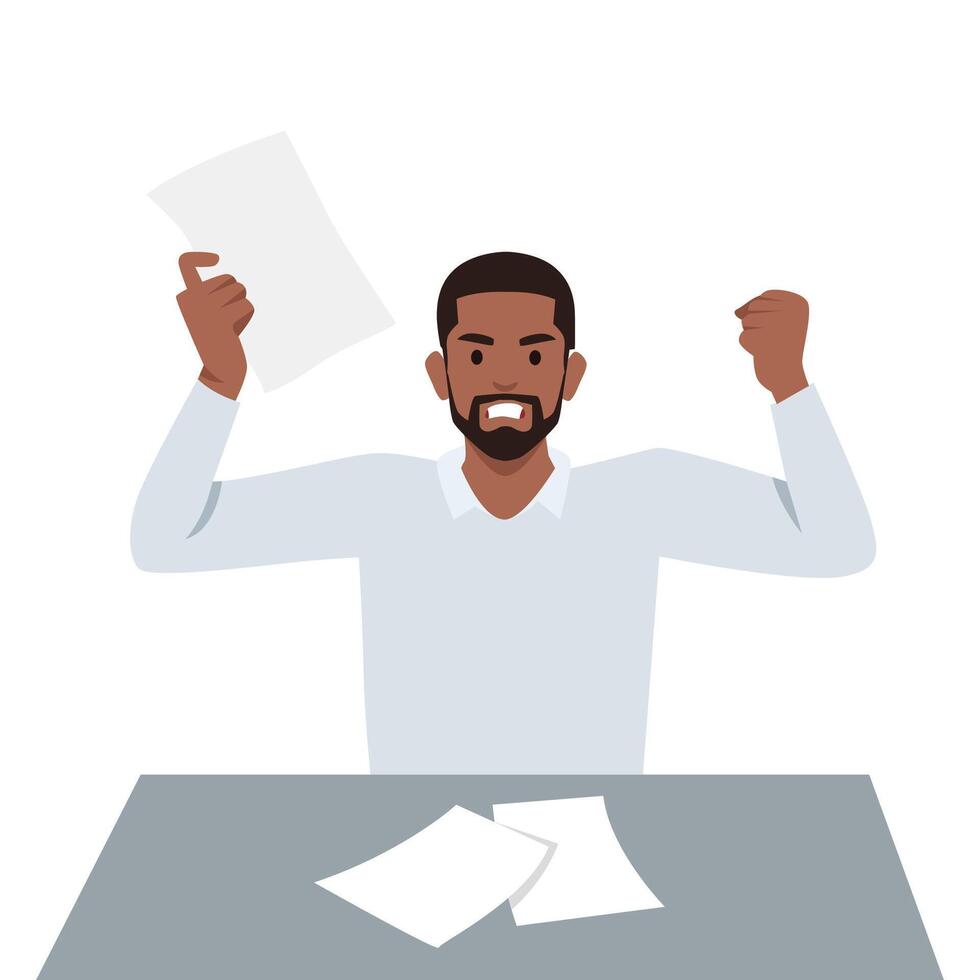 Young man angry. Workplace character scatter papers in office. Emotional burnout and low battery. vector