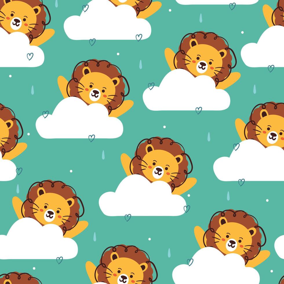 seamless pattern cartoon lion with sky element. cute animal wallpaper for textile, gift wrap paper vector