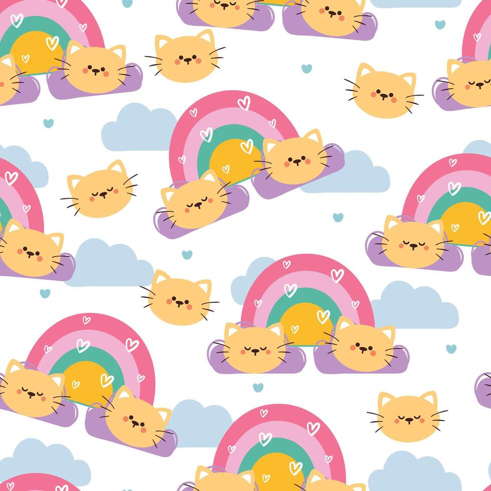 sin costura modelo dibujos animados gato con arco iris y cielo elemento. linda animal fondo de pantalla ilustración para regalo envolver papel vector