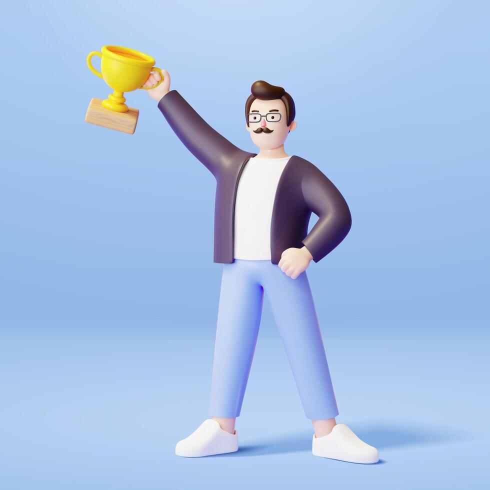 3d illustration of a happy man holding golden trophy and standing proudly. Concept of good father. vector
