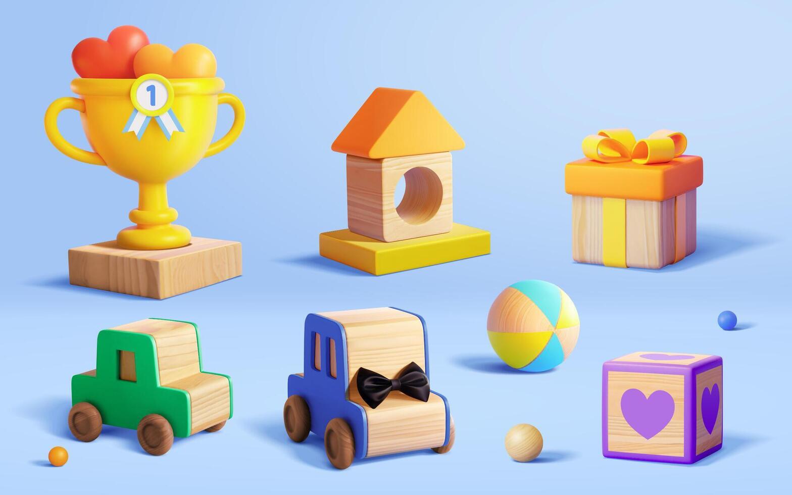 Set of 3d wooden toys isolated on blue background, including trophy, house blocks, gift box, toy cars, cube block and balls. vector