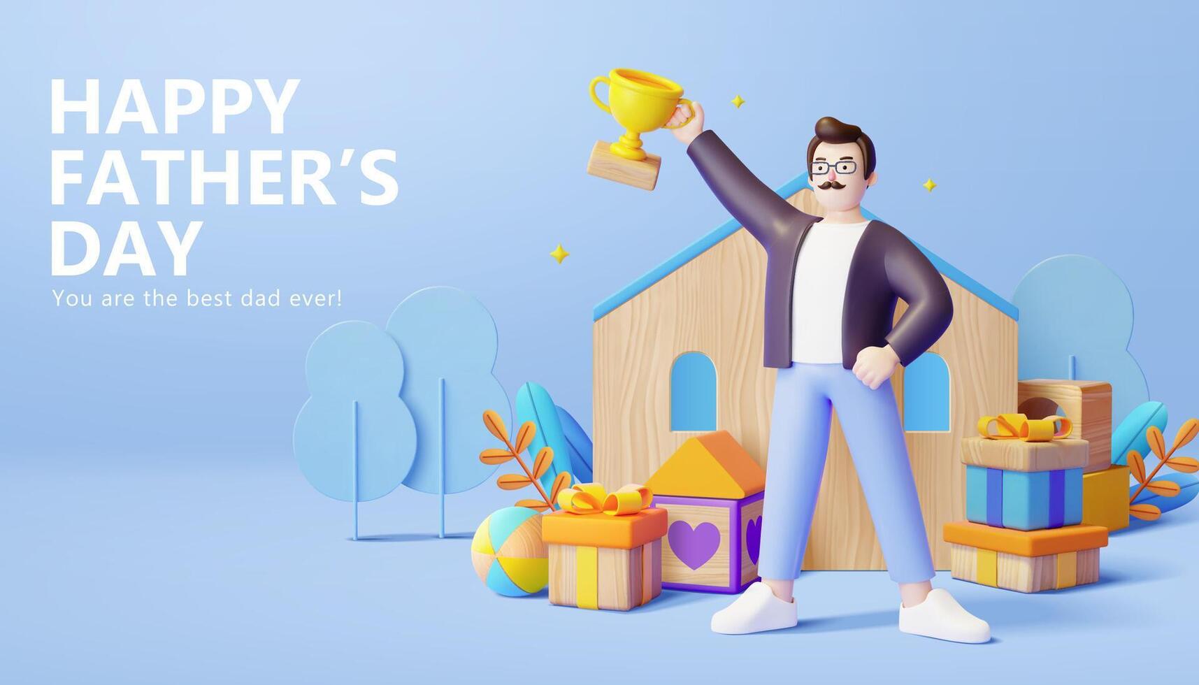 3d father's day or birthday greeting card design. A man holding trophy in front of house shaped board with gift boxes, and wooden toy blocks. vector