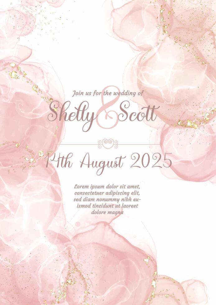 wedding invitation with hand painted pink alcohol ink design vector