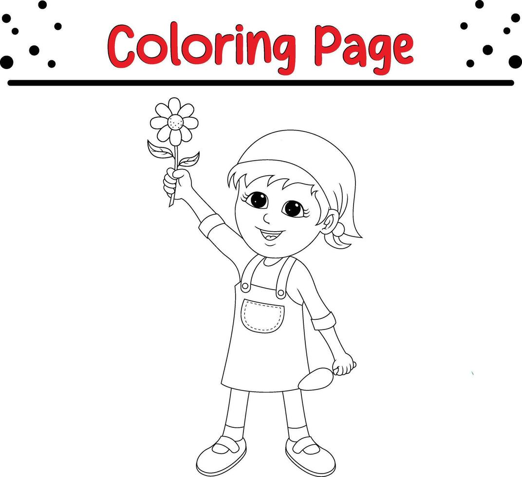 little girl holding flowers coloring page. coloring book for kids vector