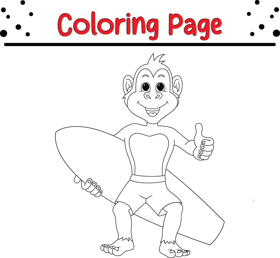 cute monkey carrying surfboard coloring page. coloring book for kids vector
